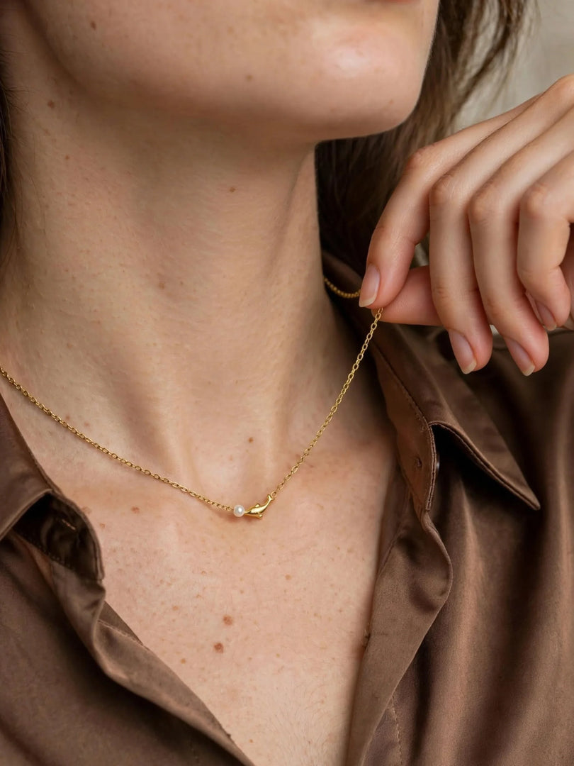 Golden Dolphin & Pearl Charm Necklace