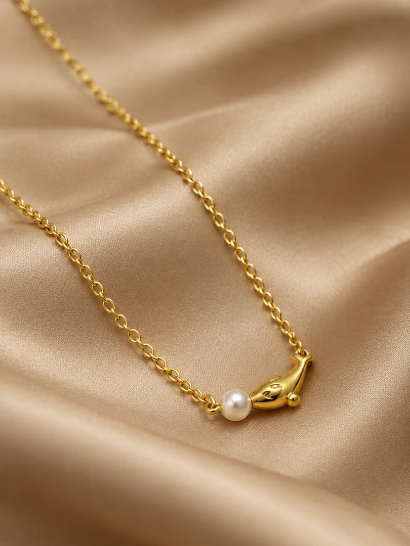 Golden Dolphin & Pearl Charm Necklace