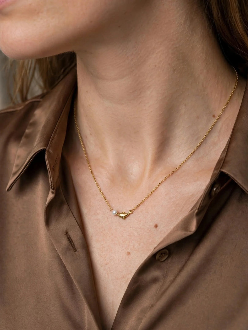 Golden Dolphin & Pearl Charm Necklace