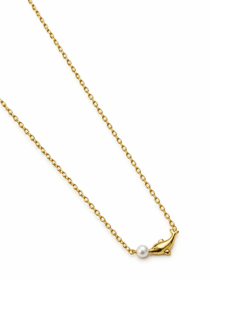 Golden Dolphin & Pearl Charm Necklace