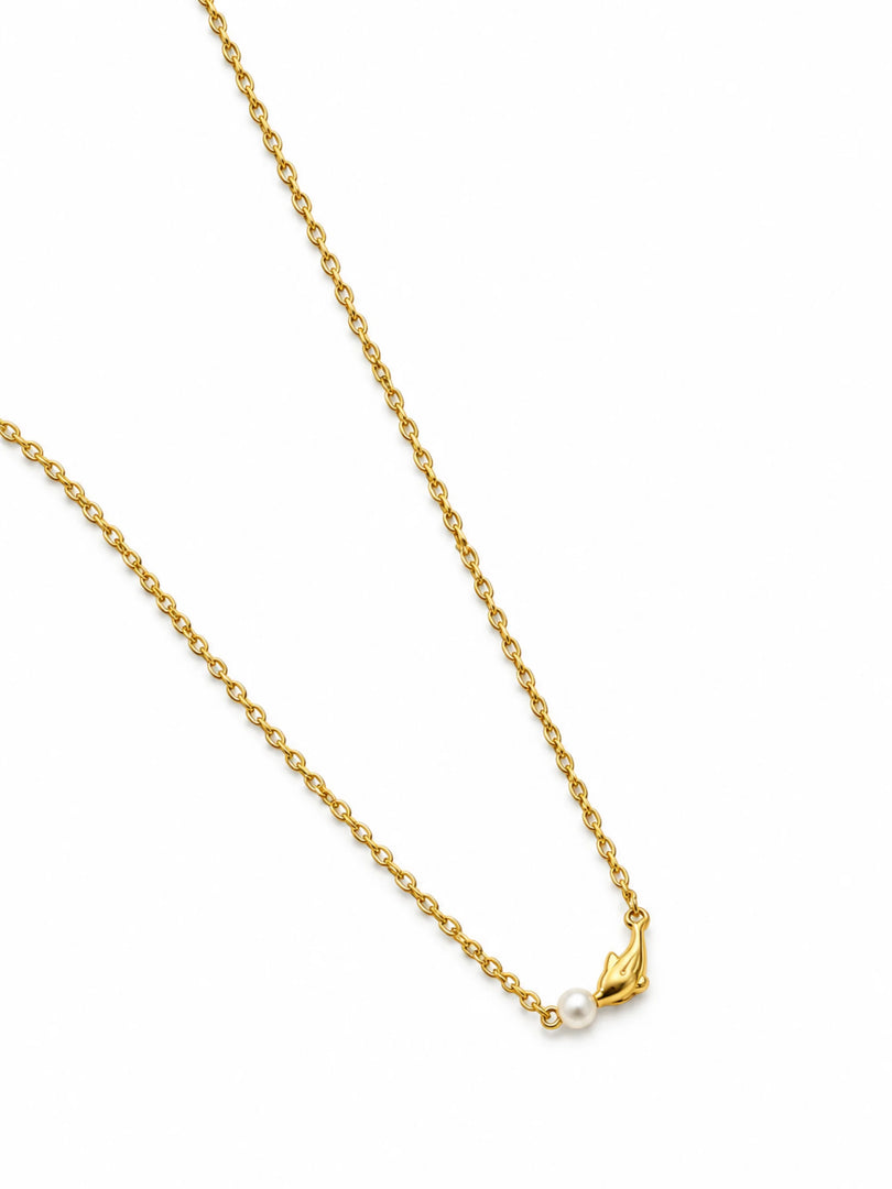 Golden Dolphin & Pearl Charm Necklace