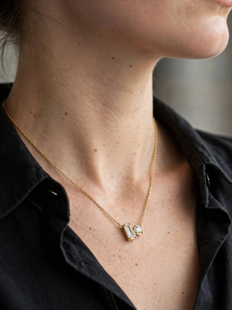 Golden Dual-Cut Crystal Duo Pendant Necklace