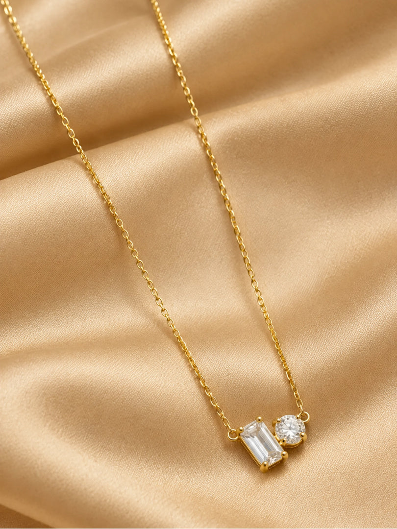 Golden Dual-Cut Crystal Duo Pendant Necklace