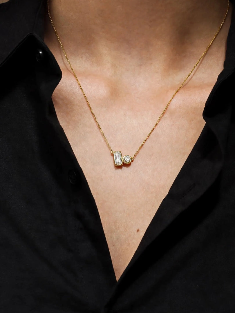 Golden Dual-Cut Crystal Duo Pendant Necklace