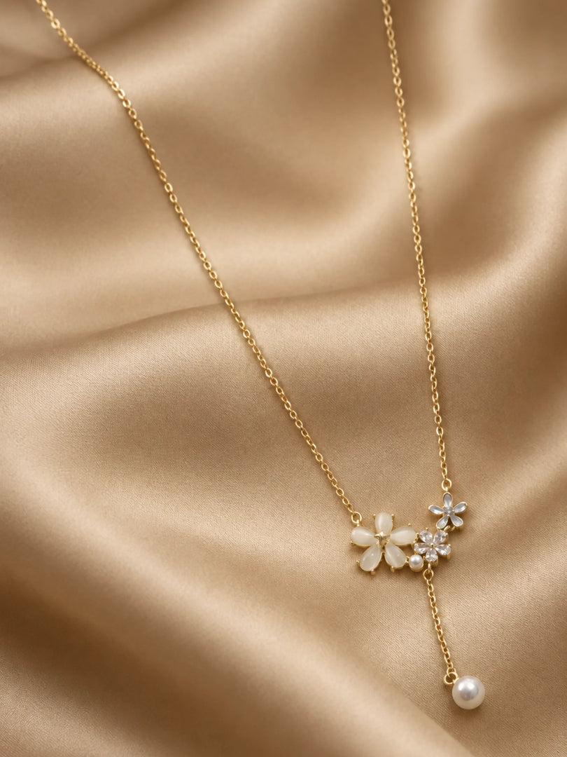 Floral Trio & Pearl Lariat Necklace