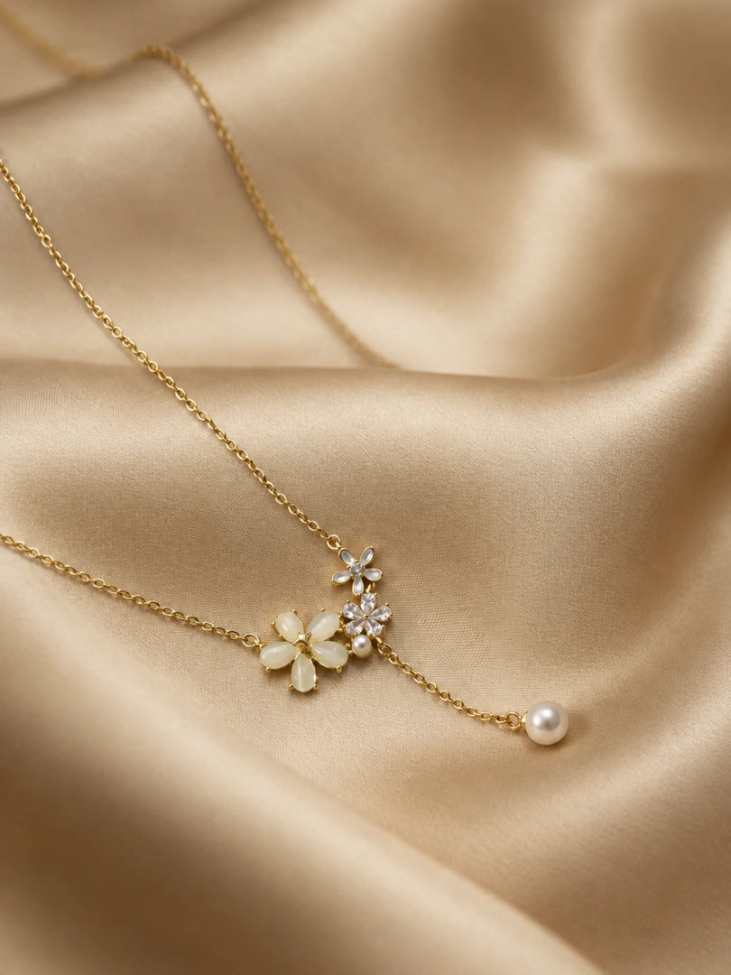 Floral Trio & Pearl Lariat Necklace