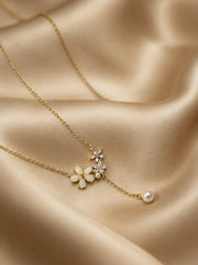 Floral Trio & Pearl Lariat Necklace
