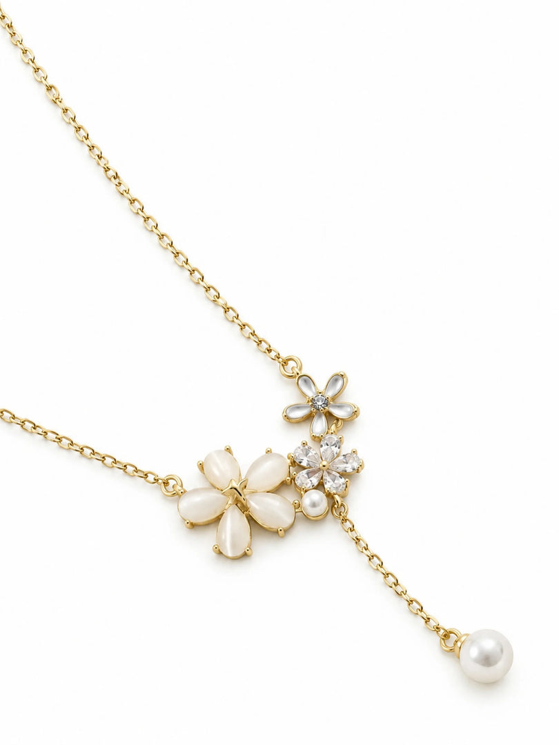 Floral Trio & Pearl Lariat Necklace