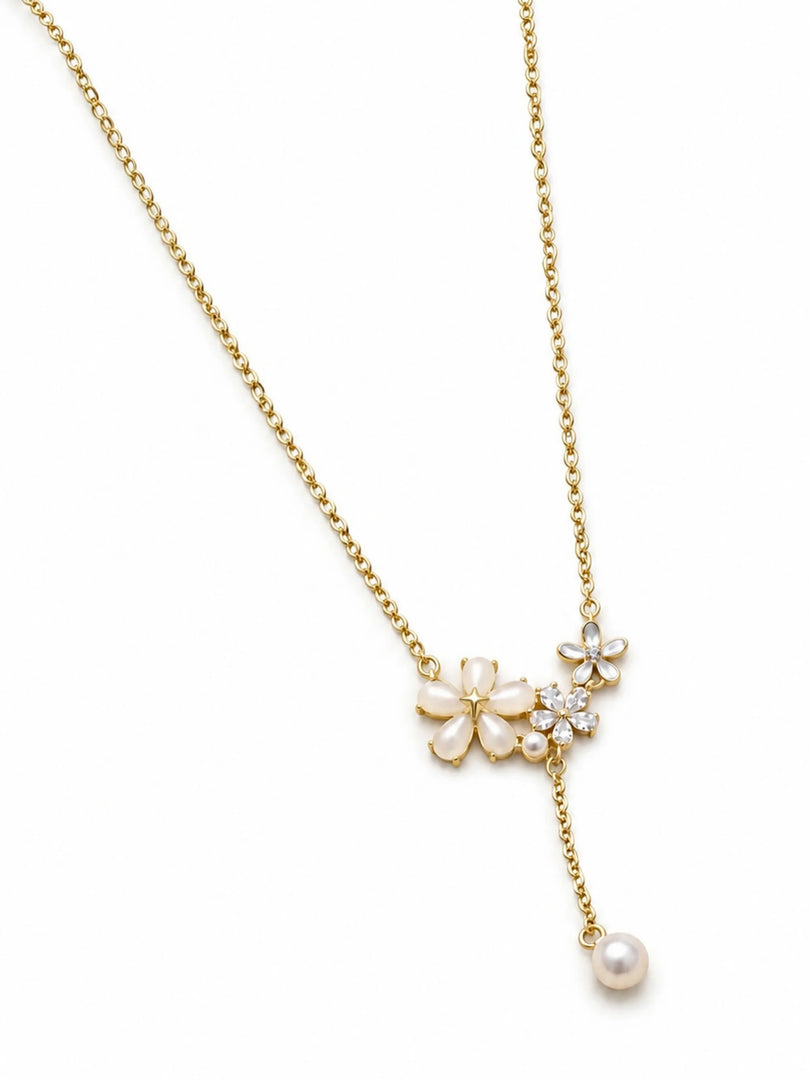 Floral Trio & Pearl Lariat Necklace