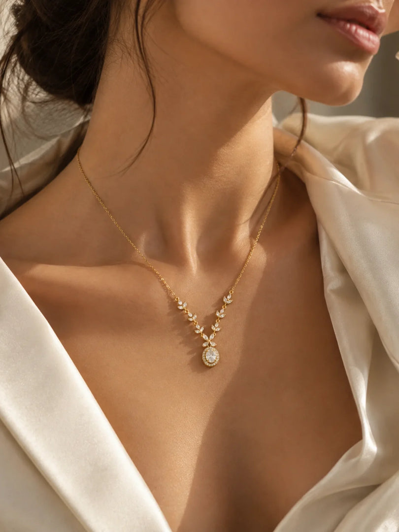 Marquise Vine & Oval Crystal Halo Necklace