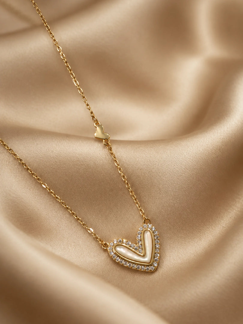 Pearl & Pave Heart Station Necklace