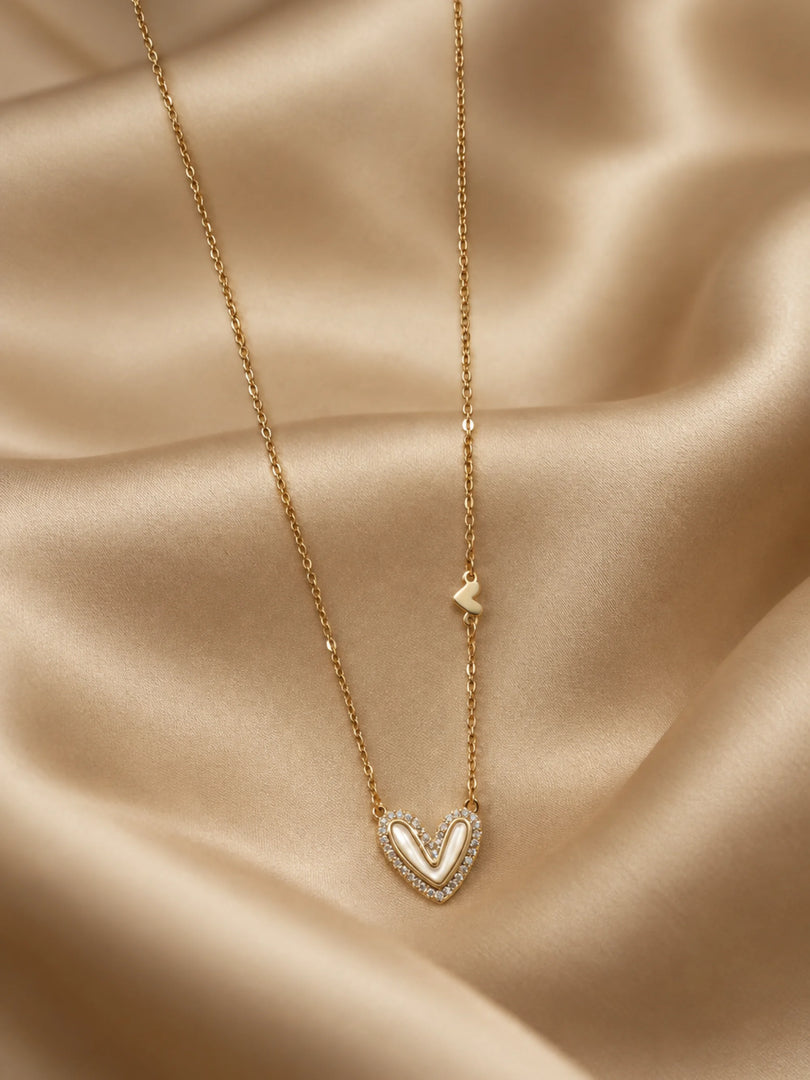 Pearl & Pave Heart Station Necklace