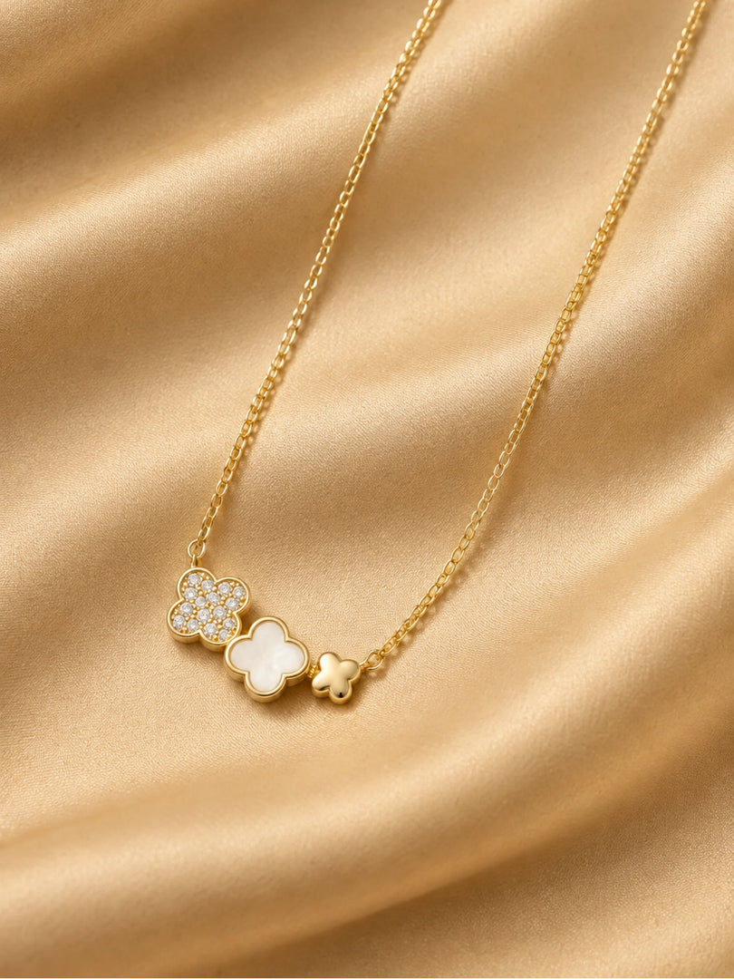 Golden Multi-Texture Clover Trio Station Necklace