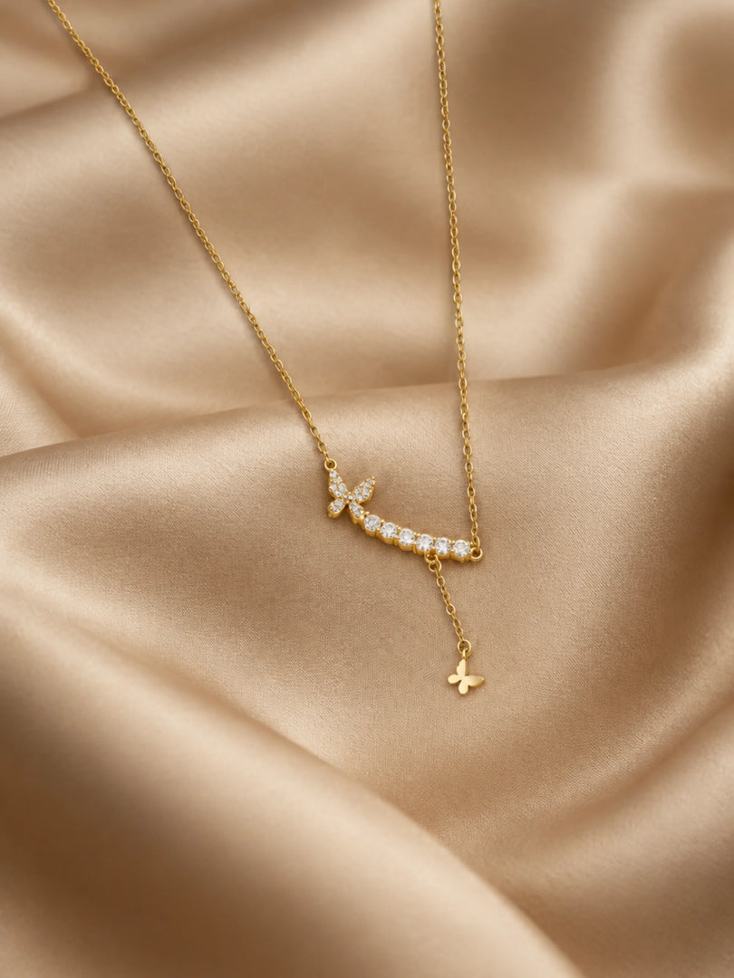 Butterfly & Crystal Curved Bar Lariat Necklace