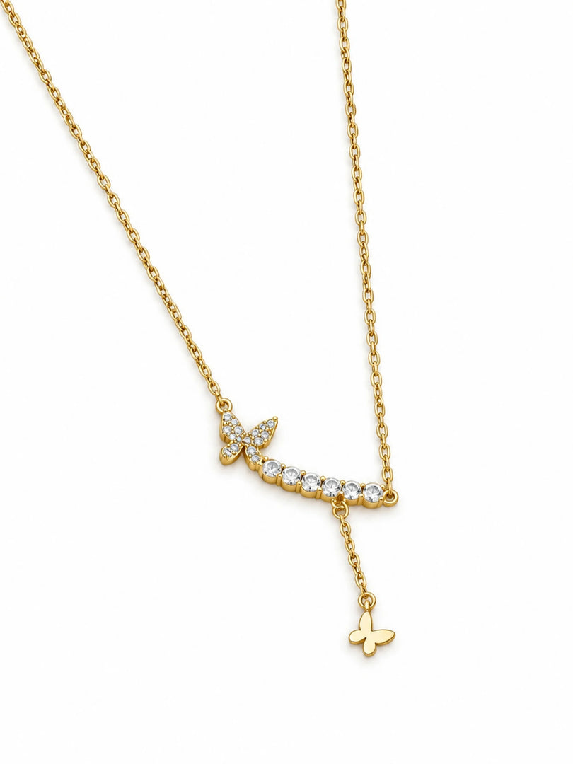 Butterfly & Crystal Curved Bar Lariat Necklace