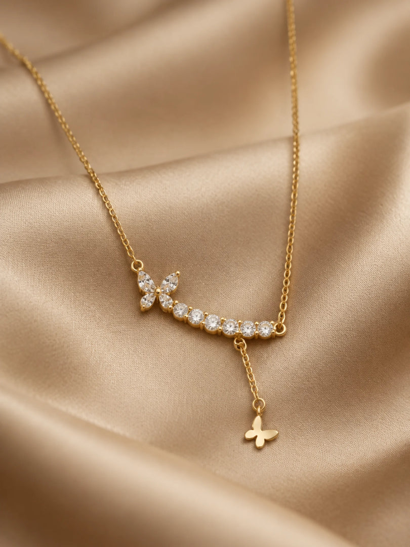 Butterfly & Crystal Curved Bar Lariat Necklace
