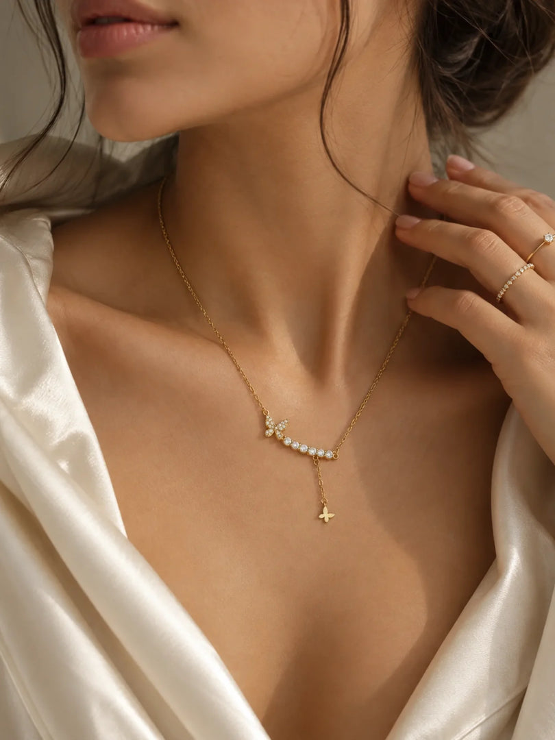 Butterfly & Crystal Curved Bar Lariat Necklace