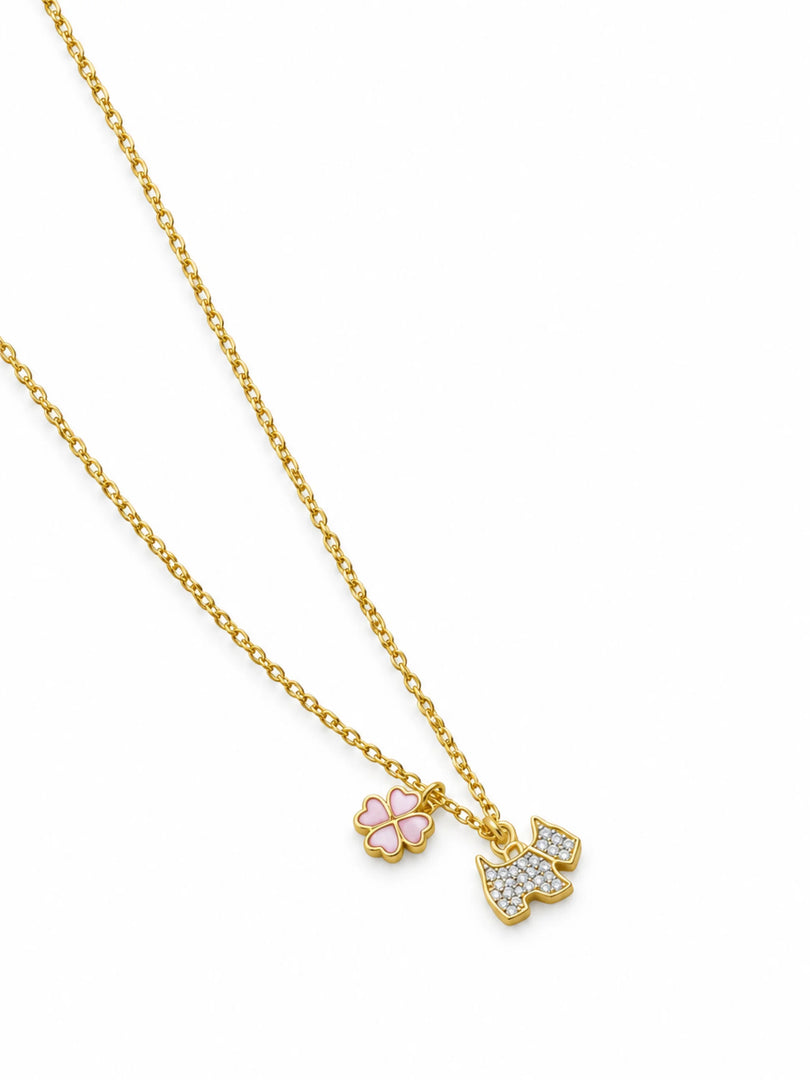 Scottie Dog & Pink Enamel Clover Charm Necklace