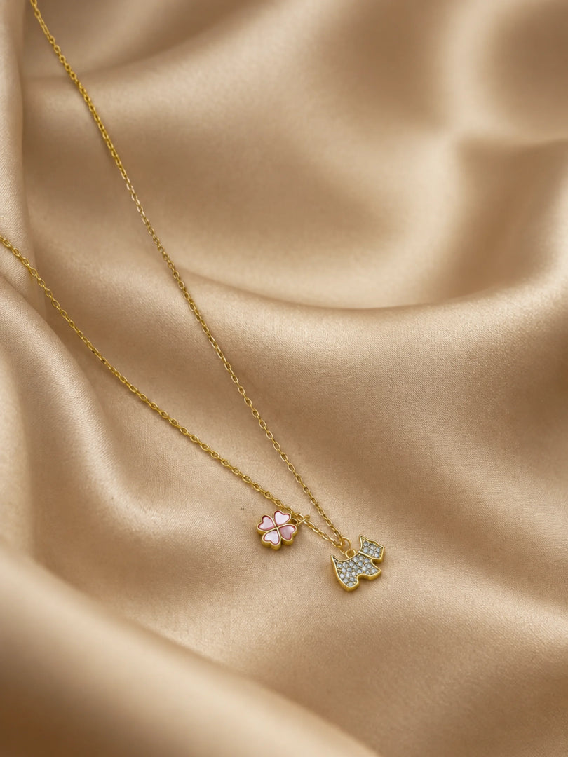 Scottie Dog & Pink Enamel Clover Charm Necklace
