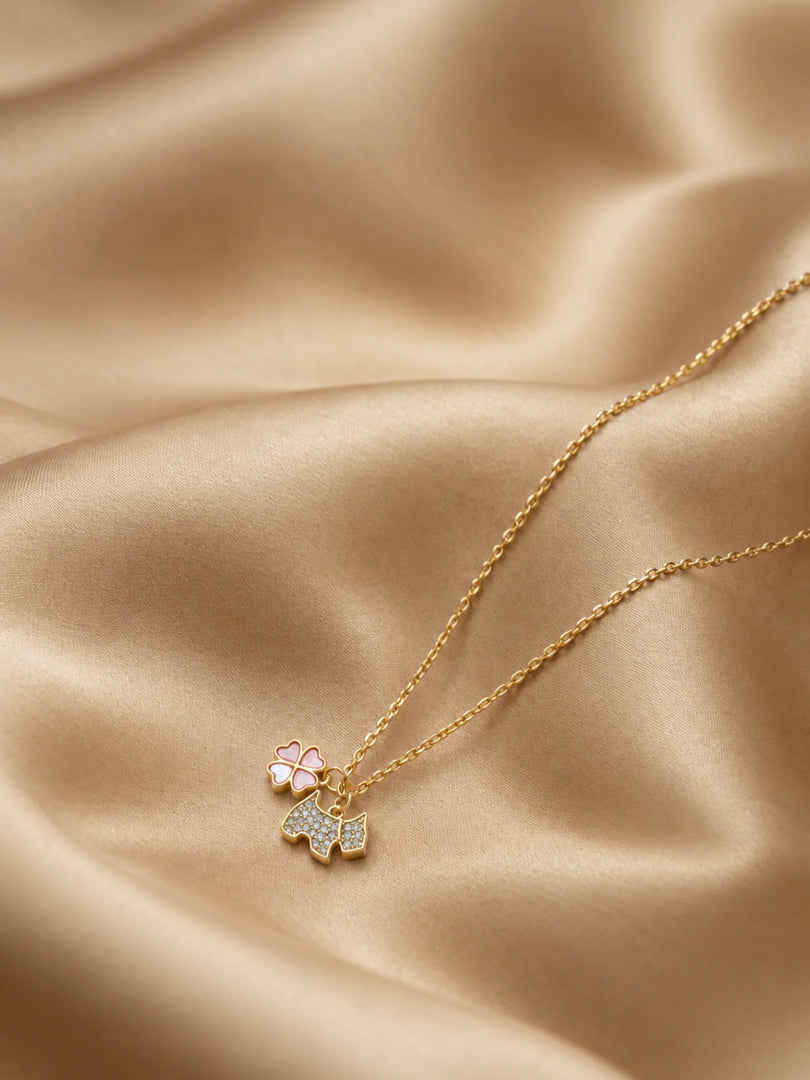 Scottie Dog & Pink Enamel Clover Charm Necklace