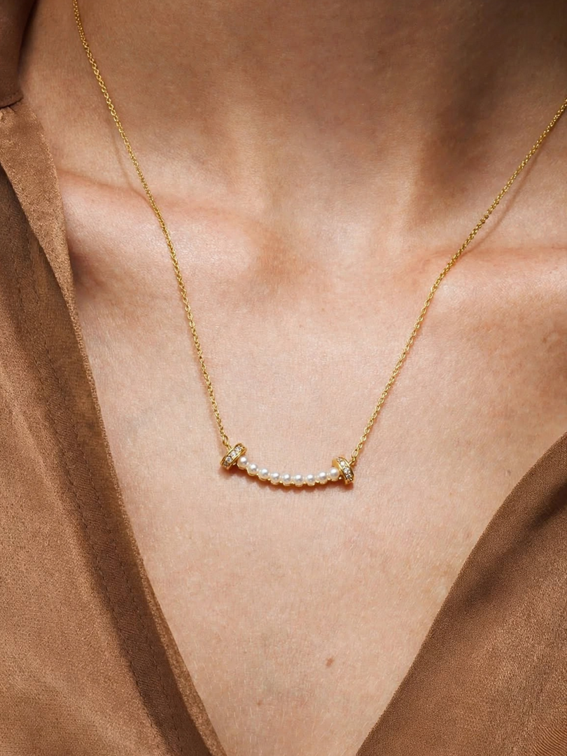 Golden Pearl Smile Bar Necklace