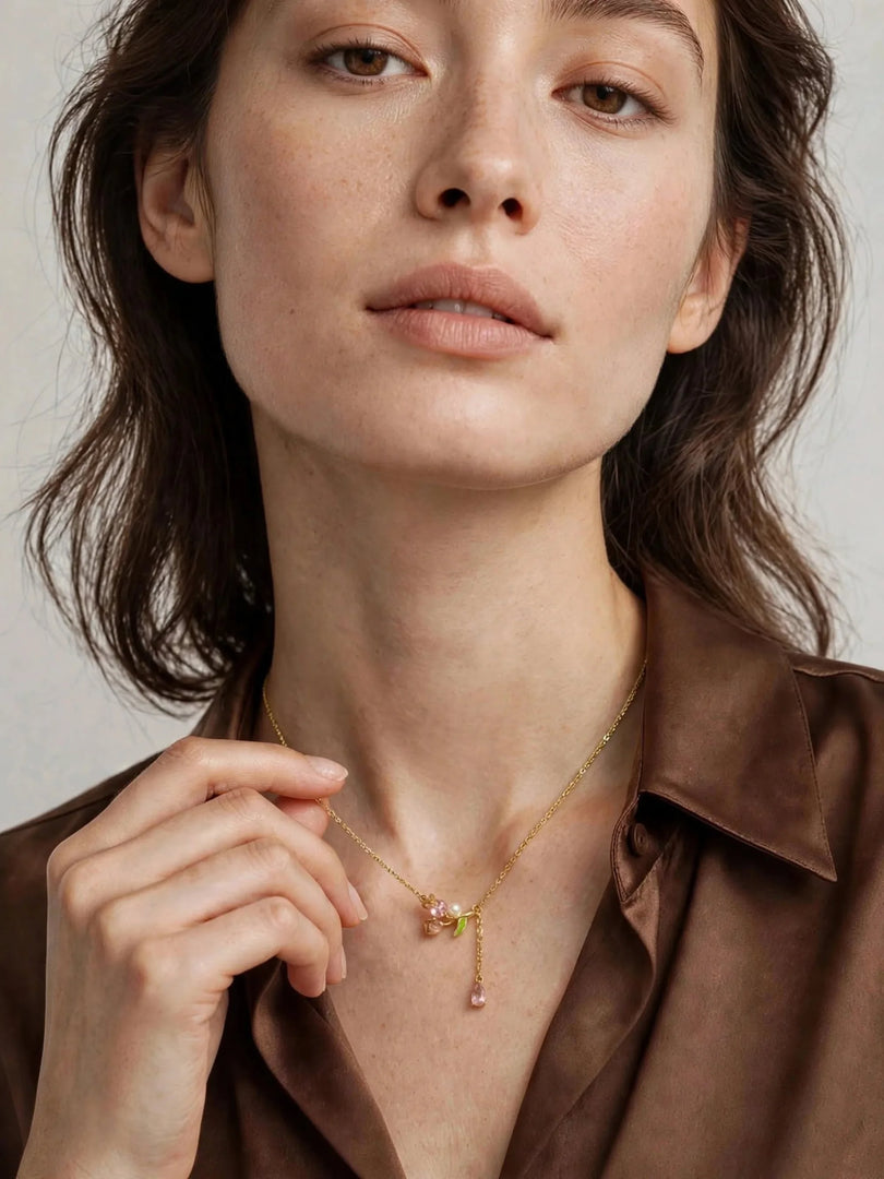 Pink Tulip & Pearl Drop Lariat Necklace