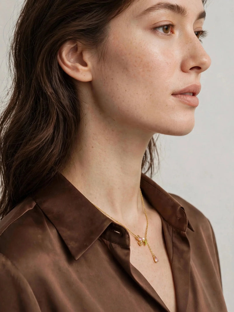 Pink Tulip & Pearl Drop Lariat Necklace