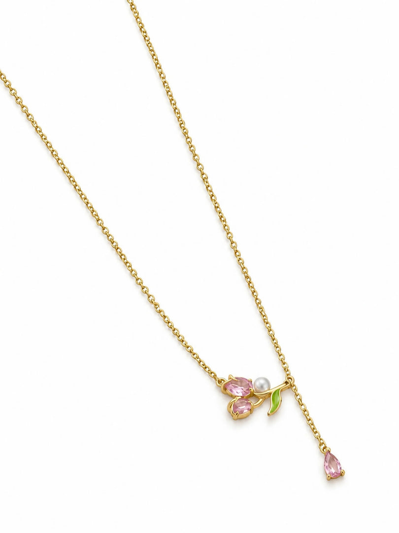 Pink Tulip & Pearl Drop Lariat Necklace