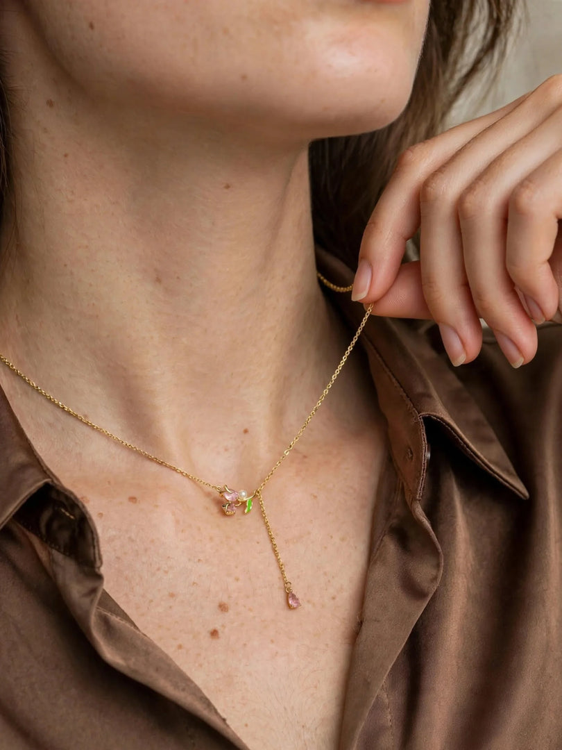 Pink Tulip & Pearl Drop Lariat Necklace