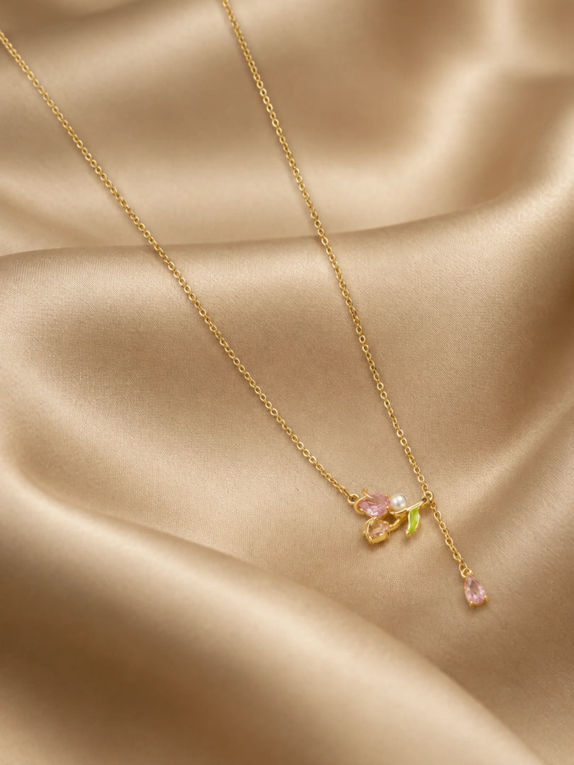 Pink Tulip & Pearl Drop Lariat Necklace