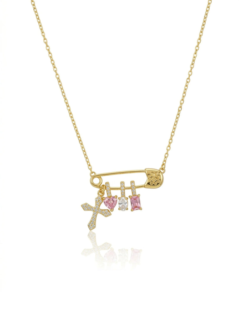 Golden Safety Pin Charm Brooch Necklace