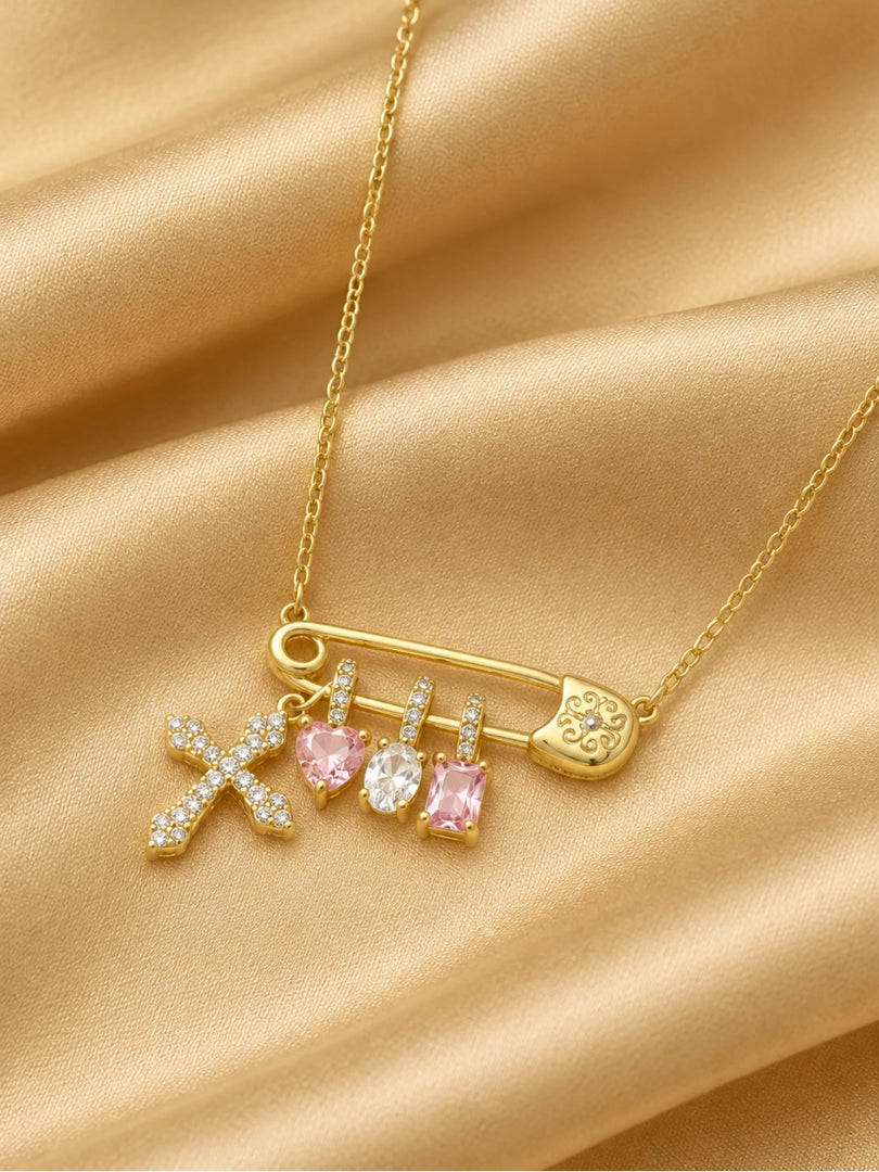 Golden Safety Pin Charm Brooch Necklace