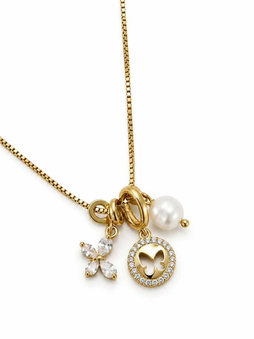 Triple Charm Pearl & Butterfly Medallion Necklace