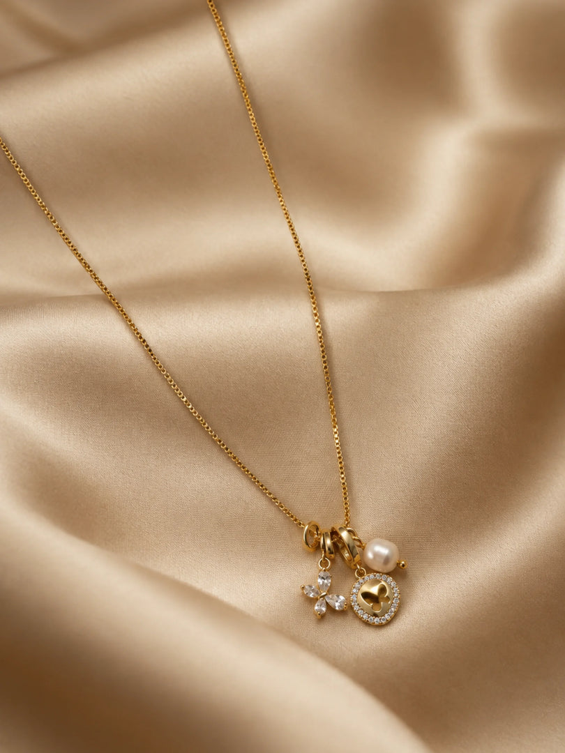 Triple Charm Pearl & Butterfly Medallion Necklace
