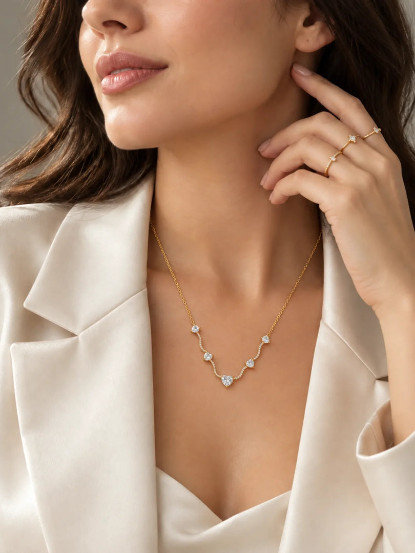 Wave & Crystal Heart Station Necklace