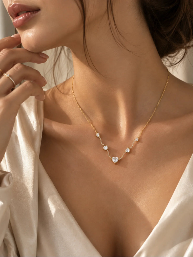 Wave & Crystal Heart Station Necklace