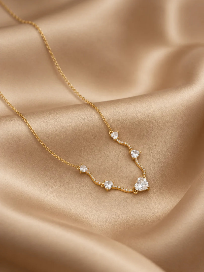 Wave & Crystal Heart Station Necklace