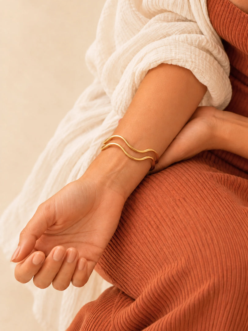 Golden Wave Double-Strand Open Cuff Bracelet