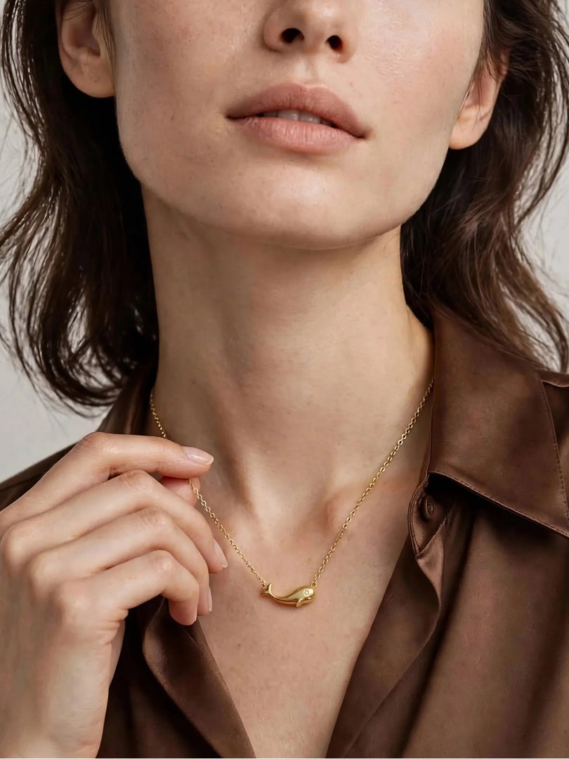 Golden Whale Solitaire Pendant Necklace