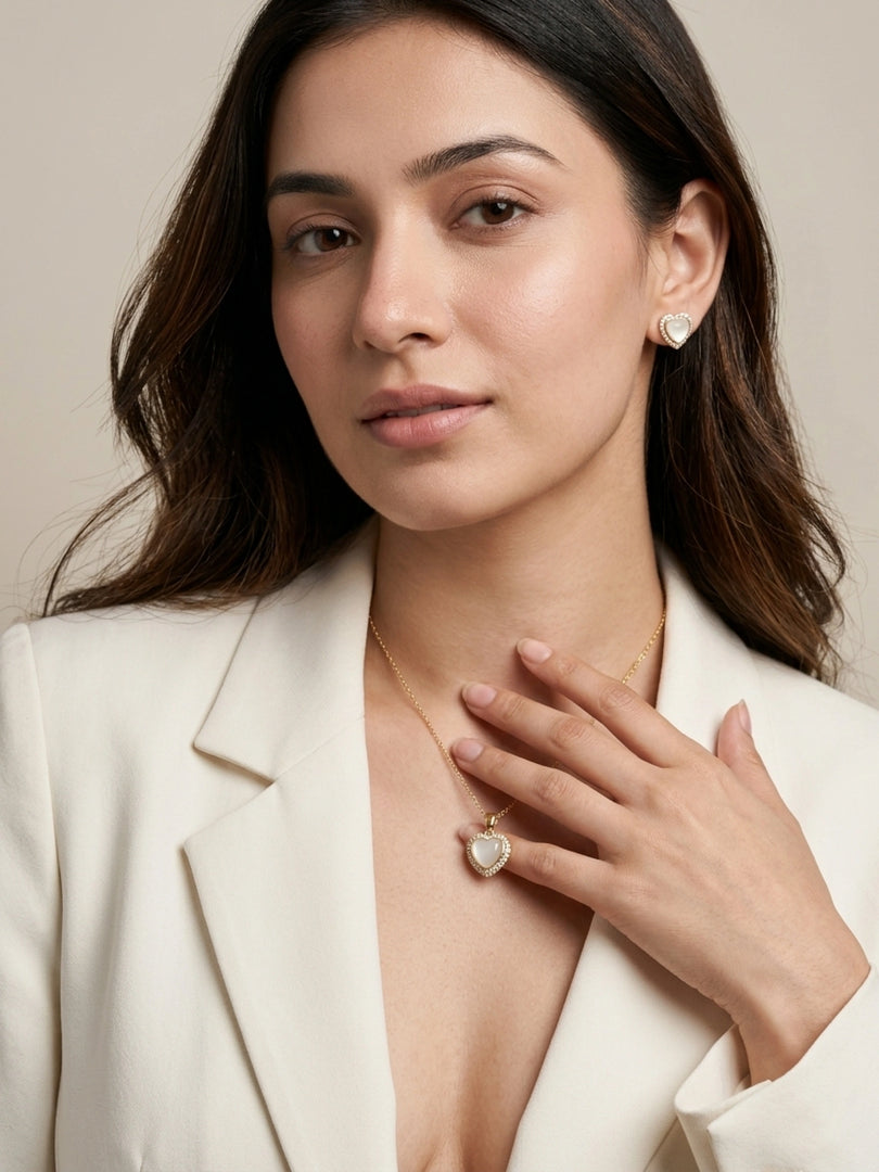 Opal Heart Halo Necklace, Earrings & Bracelet Set