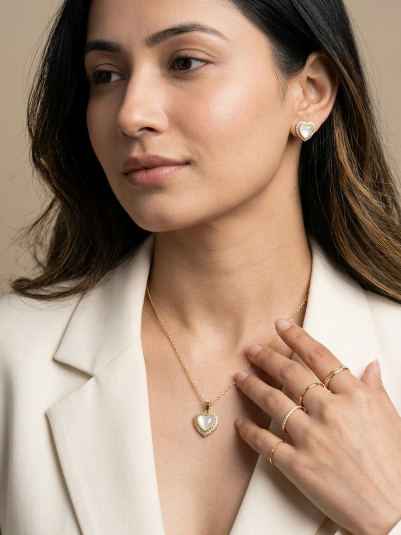 Opal Heart Halo Necklace, Earrings & Bracelet Set