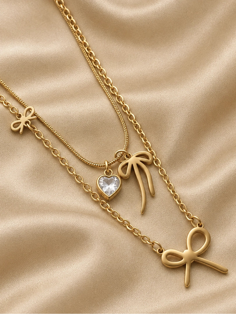 Layered Bow & Heart Solitaire Necklace