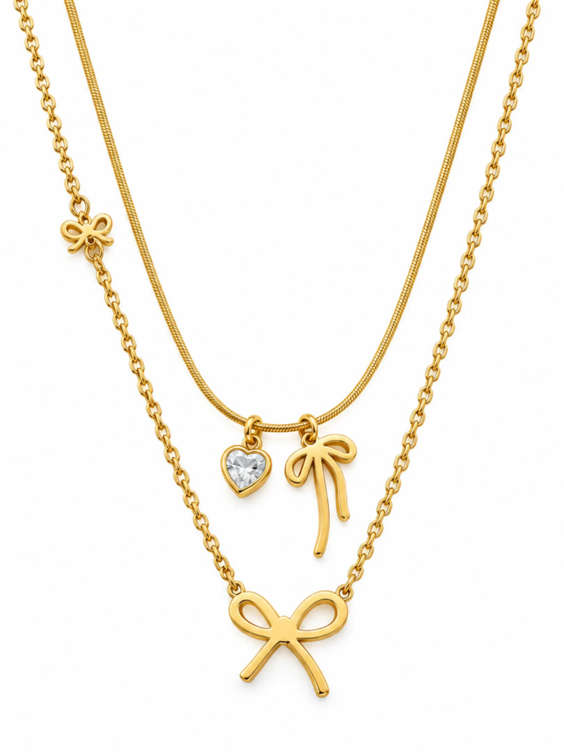Layered Bow & Heart Solitaire Necklace