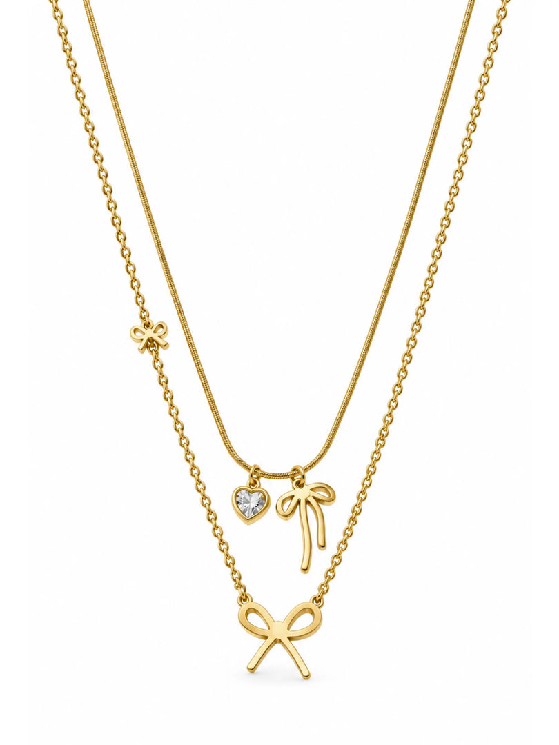Layered Bow & Heart Solitaire Necklace