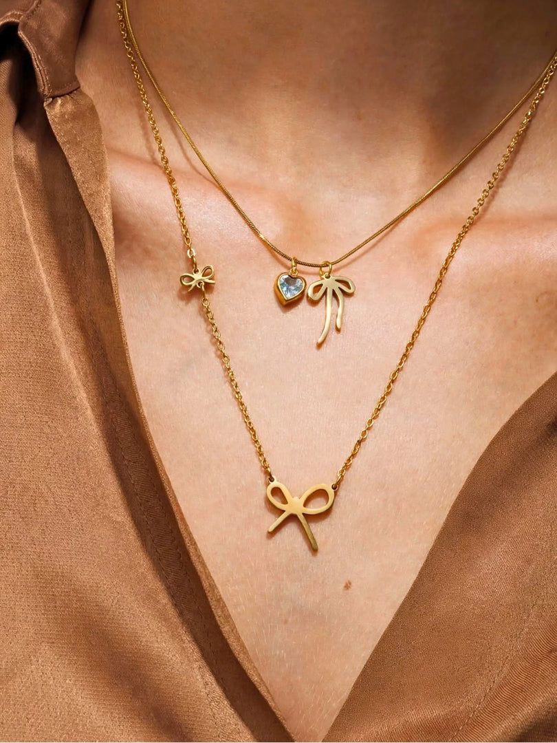 Layered Bow & Heart Solitaire Necklace
