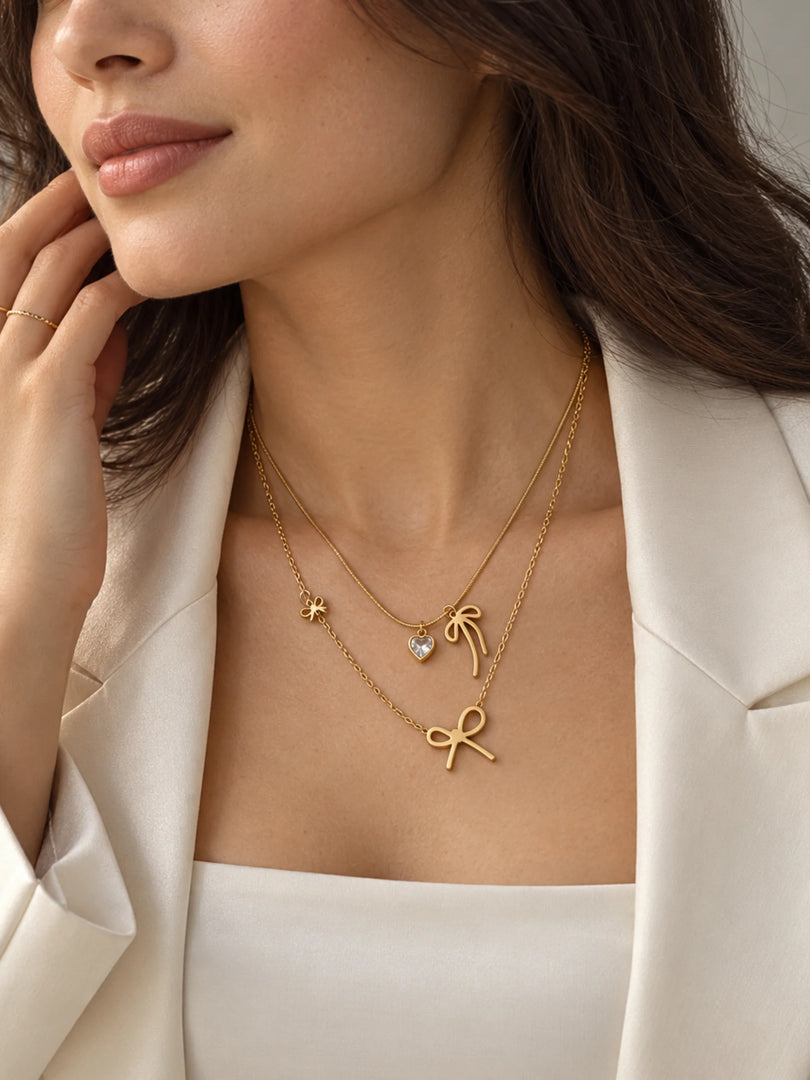 Layered Bow & Heart Solitaire Necklace