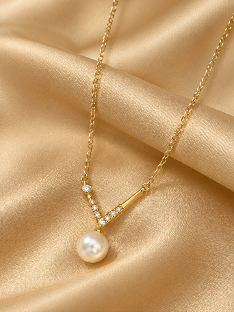 Luminous Pearl & V-Chevron Crystal Necklace