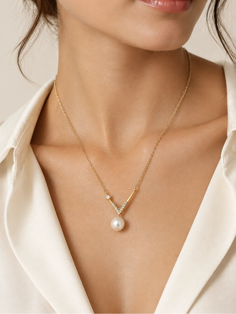 Luminous Pearl & V-Chevron Crystal Necklace