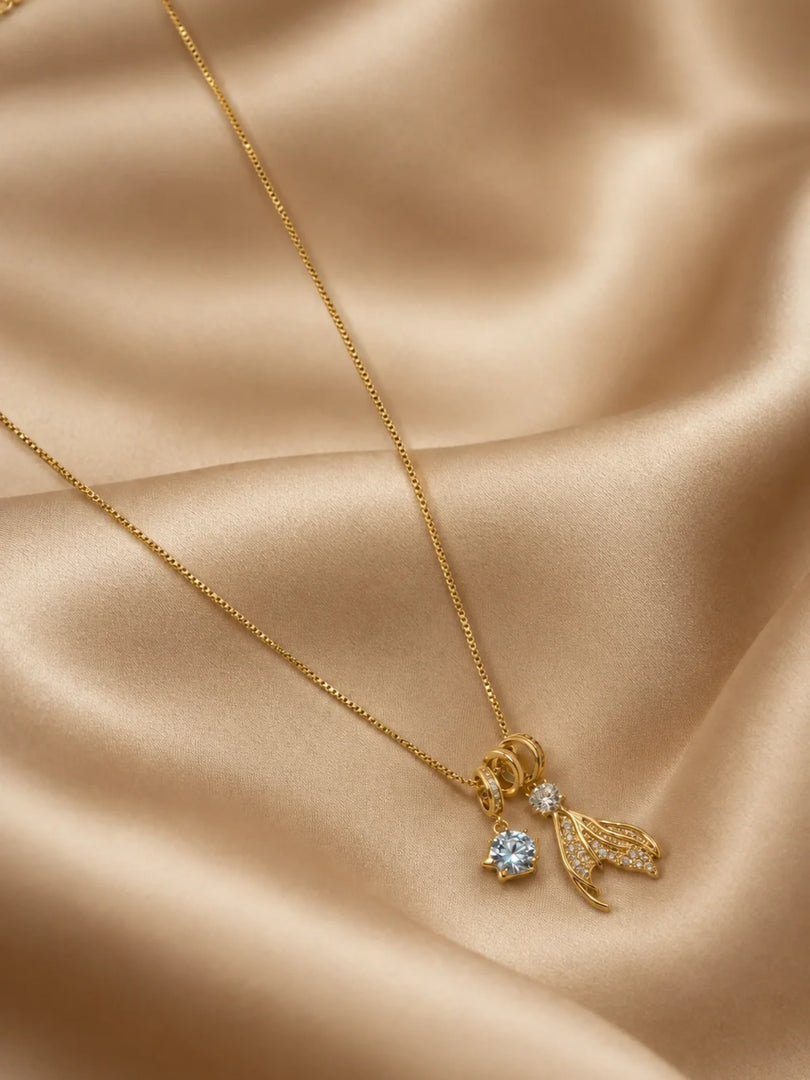 Mermaid Tail & Aquamarine Crystal Charm Necklace