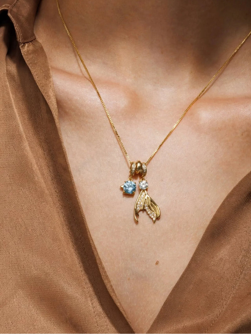 Mermaid Tail & Aquamarine Crystal Charm Necklace